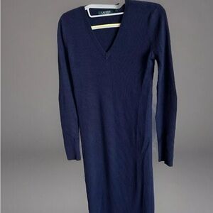 Ralph Lauren Cotton Navy Blue Sweater Dress With Golden Signature Button XS